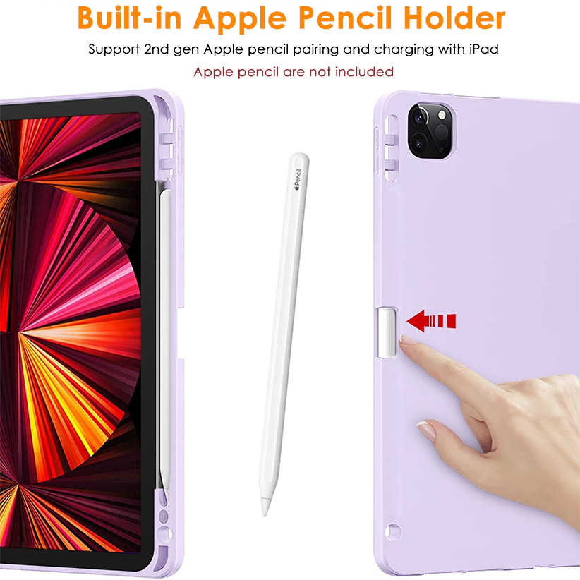 For iPad Pro 11 inch 4th/3rd/2nd/1st Generation 2022/2021/2020/2018-Slim Trifold Stand Soft TPU Back Cover with Built-in Pencil Holder